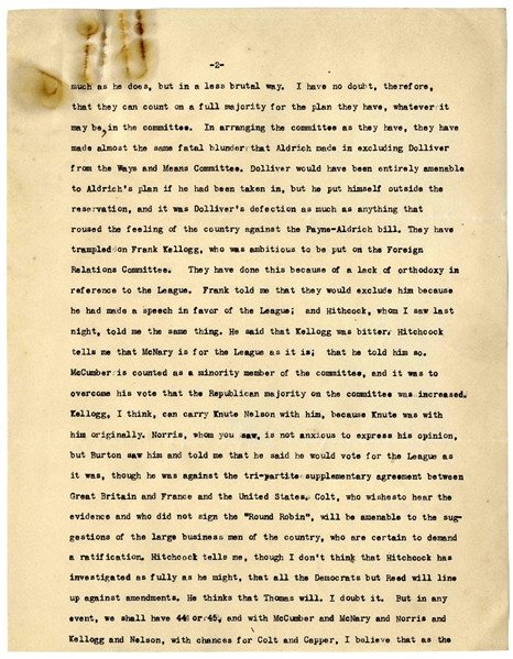 Excellent William Taft Letter Signed Regarding the League of Nations -- ''...I am not obsessed by hatred...A good many have been trying to arouse the Jews against the League...''